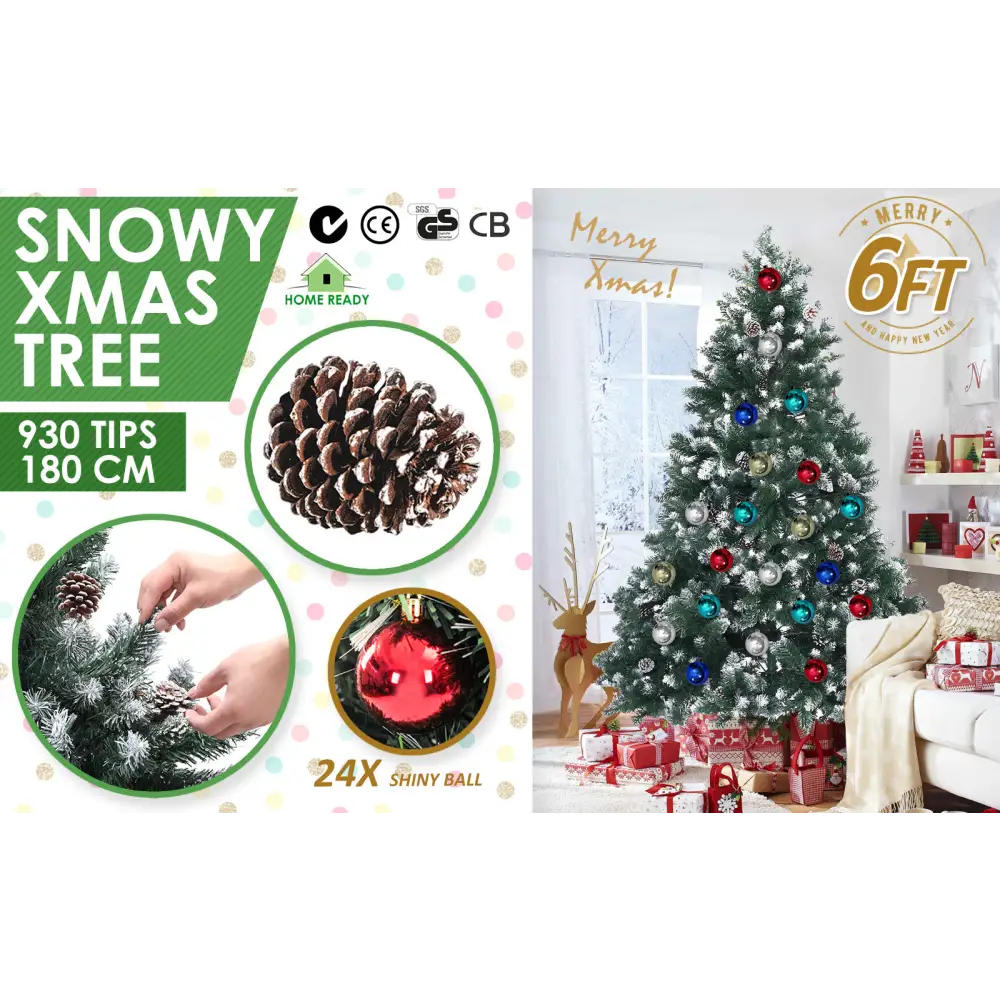 Snowy Christmas Tree Xmas Pine Cones 6Ft 180cm 930 tips + Bauble Balls - Occasions > Christmas > Christmas Trees