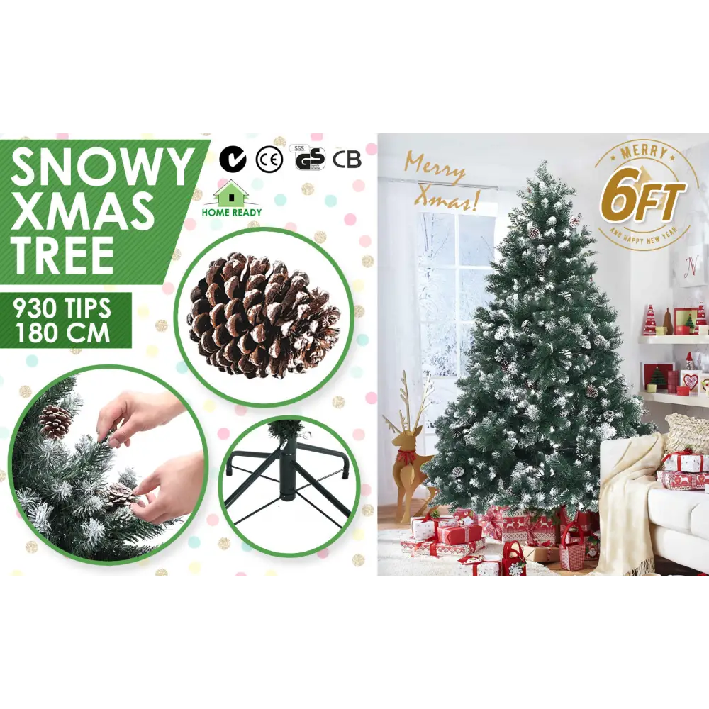 Snowy Christmas Tree Xmas Pine Cones 6Ft 180cm 930 tips GREEN - Occasions > Christmas > Christmas Trees