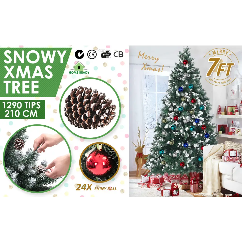Snowy Christmas Tree Xmas Pine Cones 7Ft 210cm 1290 tips + Bauble Balls - Occasions > Christmas > Christmas Trees