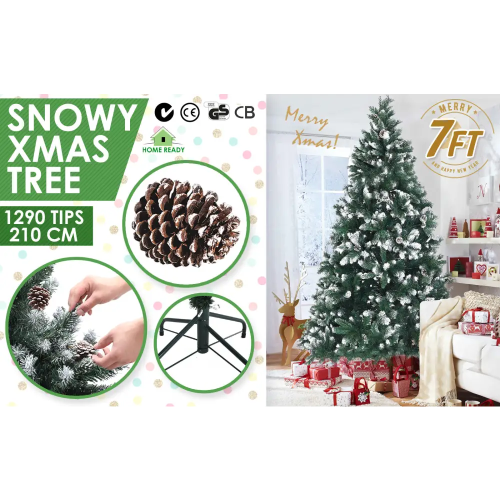 Snowy Christmas Tree Xmas Pine Cones 7Ft 210cm 1290 tips GREEN - Occasions > Christmas > Christmas Trees