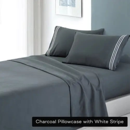 soft microfibre embroidered stripe sheet set king single charcoal pillowcase white stripe - Home & Garden > Bedding
