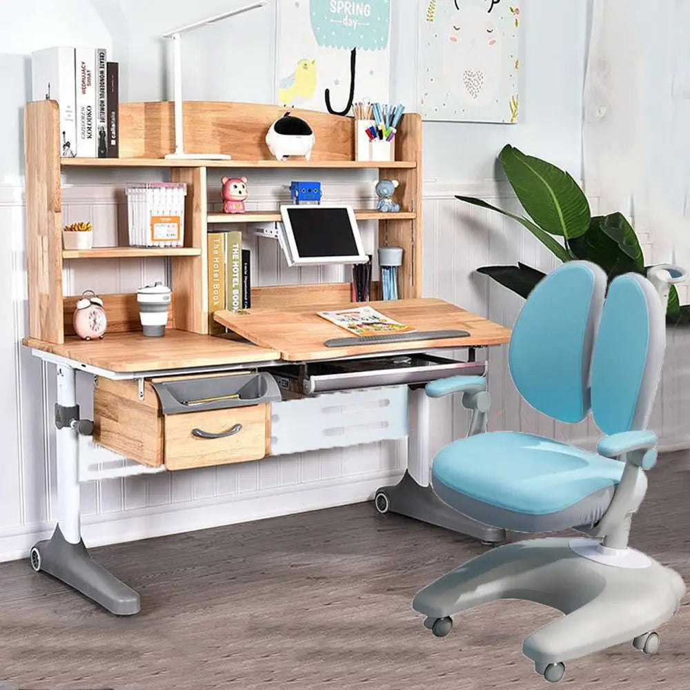 Solid Rubber Wood Height Adjustable Children Kids Ergonomic Study Desk Blue Chair Set 120cm AU - Baby & Kids > Kid’s