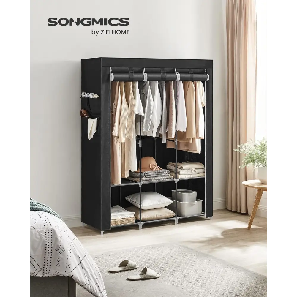SONGMICS Clothes Wardrobe Portable Closet with Cover and 3 Hanging Rails Black RYG092B02 - Furniture > Bedroom