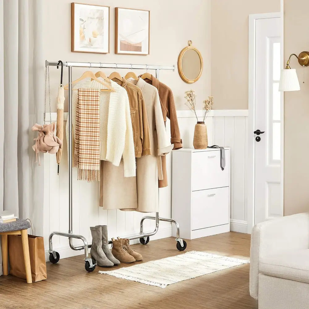 SONGMICS Heavy Duty Clothes Rack on Wheels Metal Chrome Extendable HSR11SV1 - Home & Garden > Storage