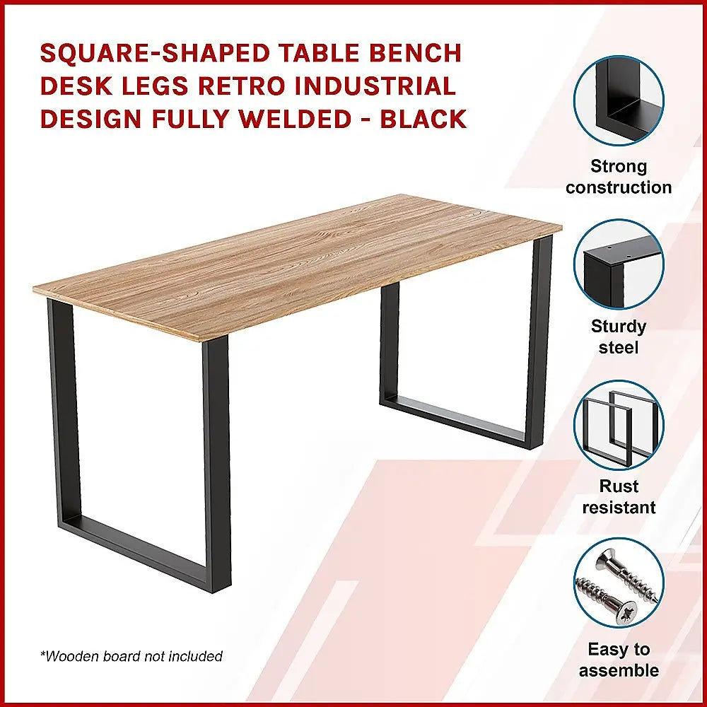 Square-Shaped Table Bench Desk Legs Retro Industrial Design Fully Welded - Black - Furniture > Office