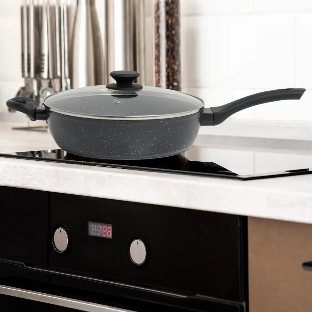 Stone Chef Forged Deep Frying Pan With Lid Cookware Kitchen Fry Pan Black 28cm - Home & Garden > Kitchenware
