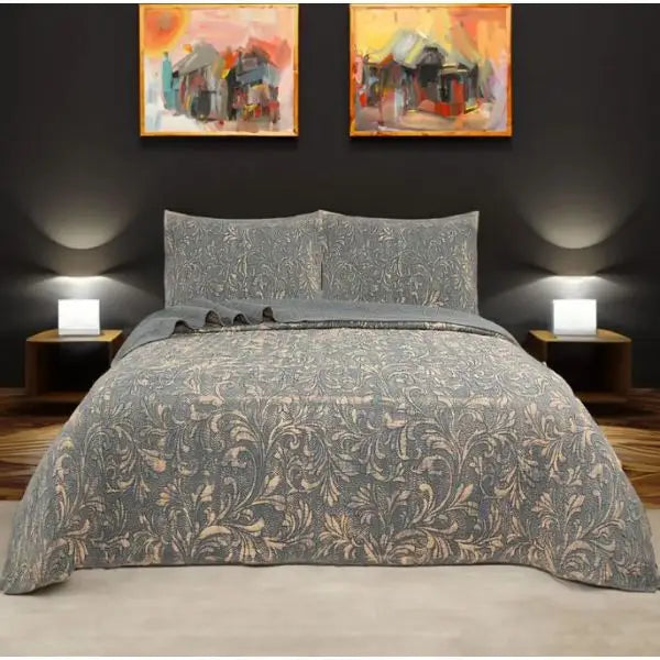 Stone Wash Gun Metal 100% Cotton Quilted 3 pcs Bedspread Coverlet Set Queen - Home & Garden > Bedding > Quilts & Duvets