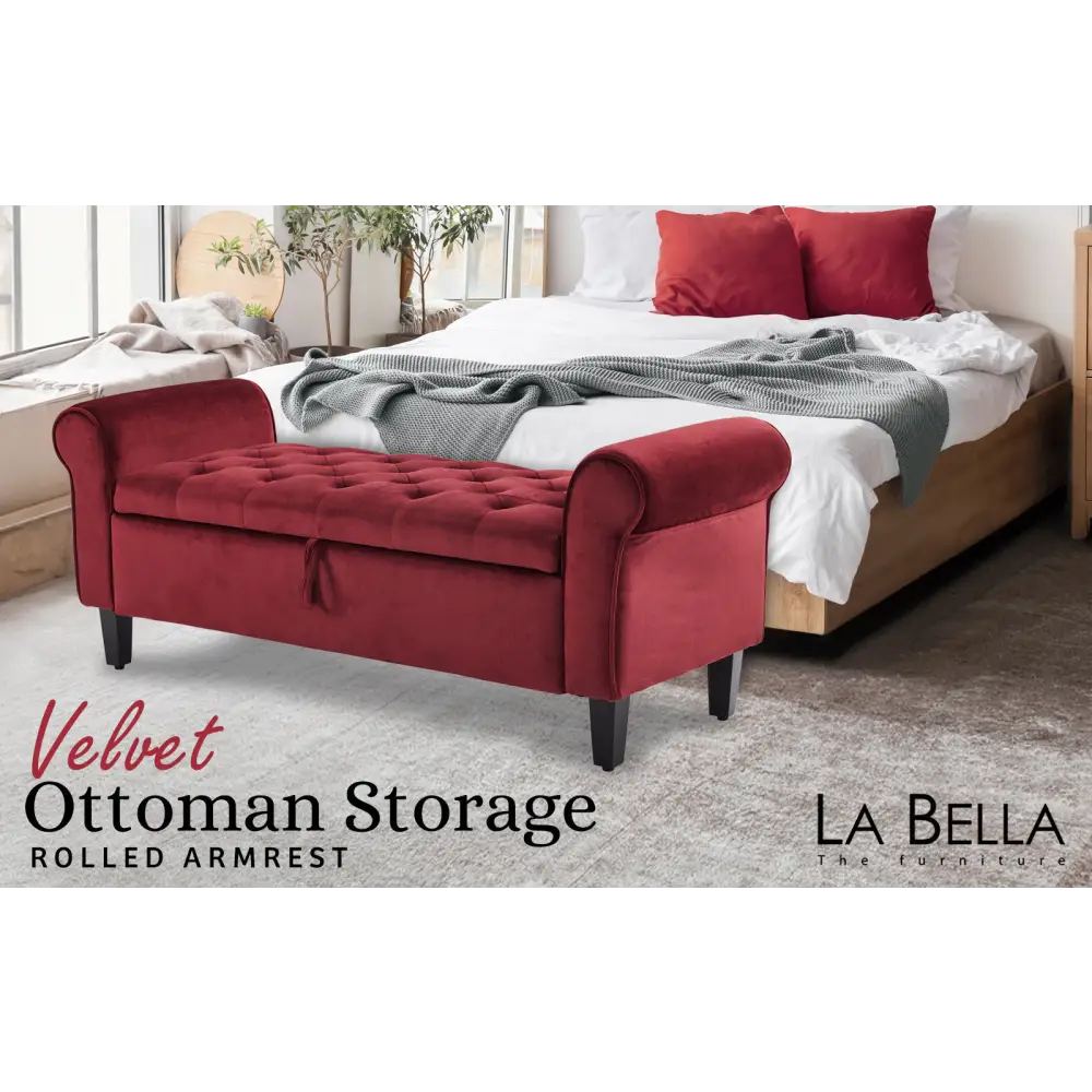 Storage Ottoman Stool Arm Bench Seat 132cm Velvet RED - Furniture > Bedroom