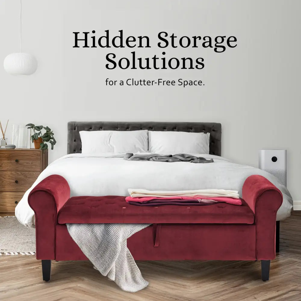 Storage Ottoman Stool Arm Bench Seat 132cm Velvet RED - Furniture > Bedroom