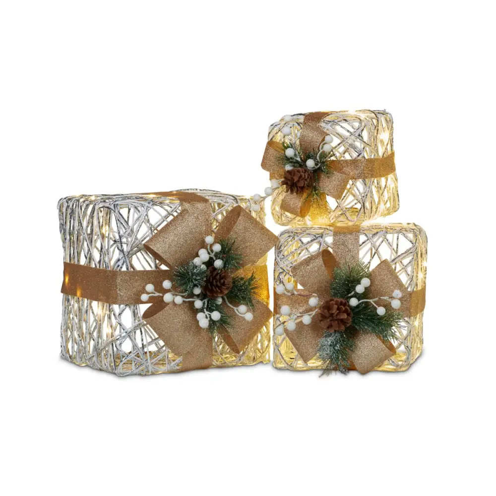 Swishmas 3 Piece Christmas Present Display Set With Lights & Gold Bows - Occasions > Christmas > Christmas Decorations