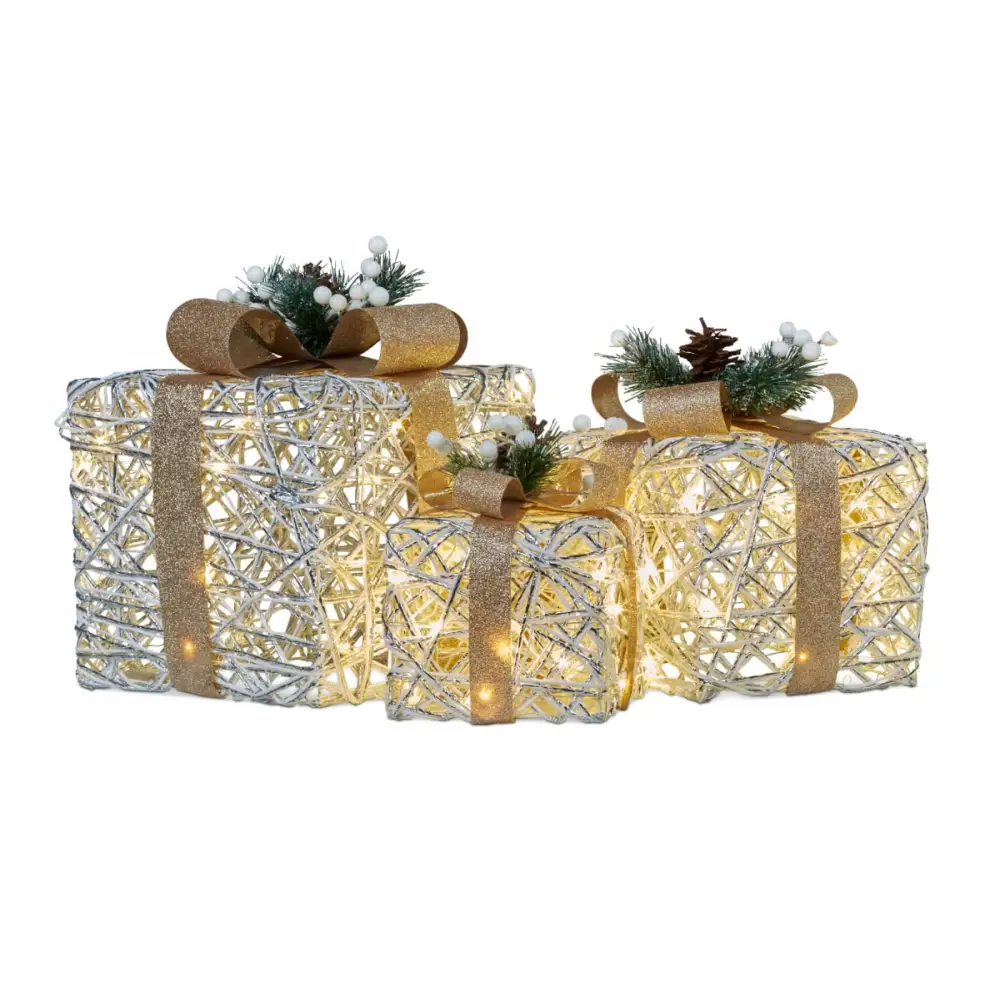 Swishmas 3 Piece Christmas Present Display Set With Lights & Gold Bows - Occasions > Christmas > Christmas Decorations