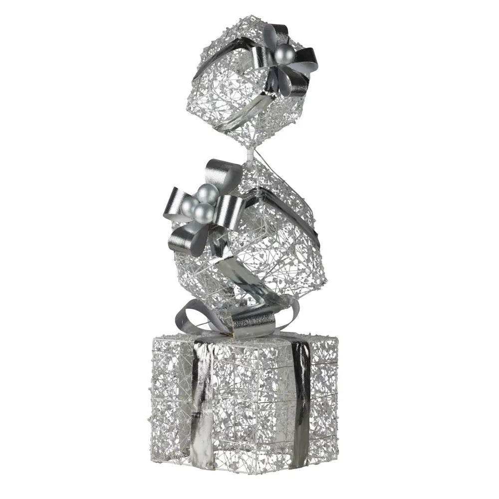 Swishmas 83cm Triple Christmas Silver Giftbox Stack Display with Lights - Occasions > Christmas > Christmas Decorations
