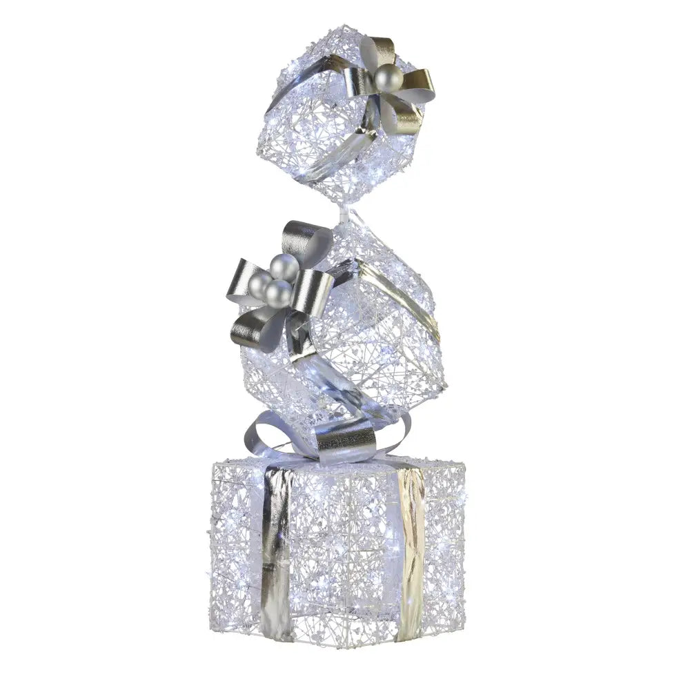 Swishmas 83cm Triple Christmas Silver Giftbox Stack Display with Lights - Occasions > Christmas > Christmas Decorations