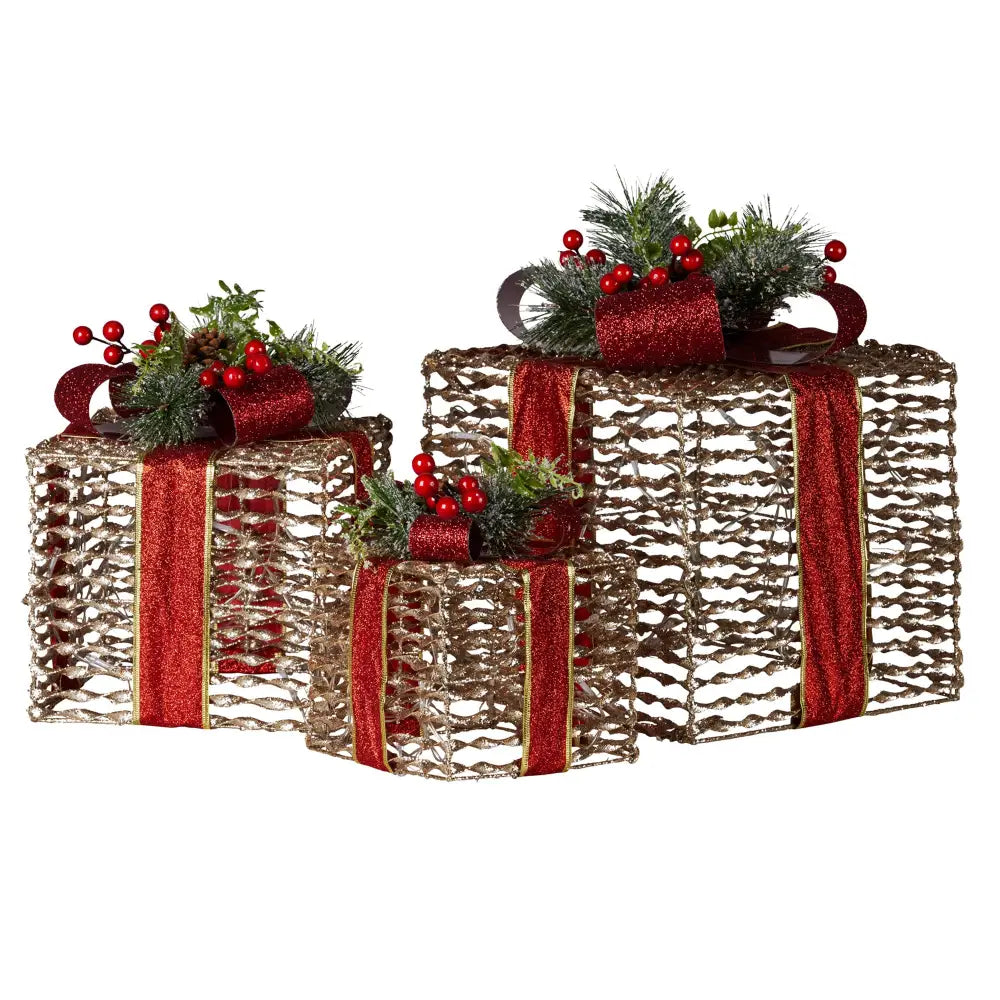 Swishmas Set Of 3 Christmas Gift Boxes With Lights - Champagne With Red Bows - Occasions > Christmas > Christmas