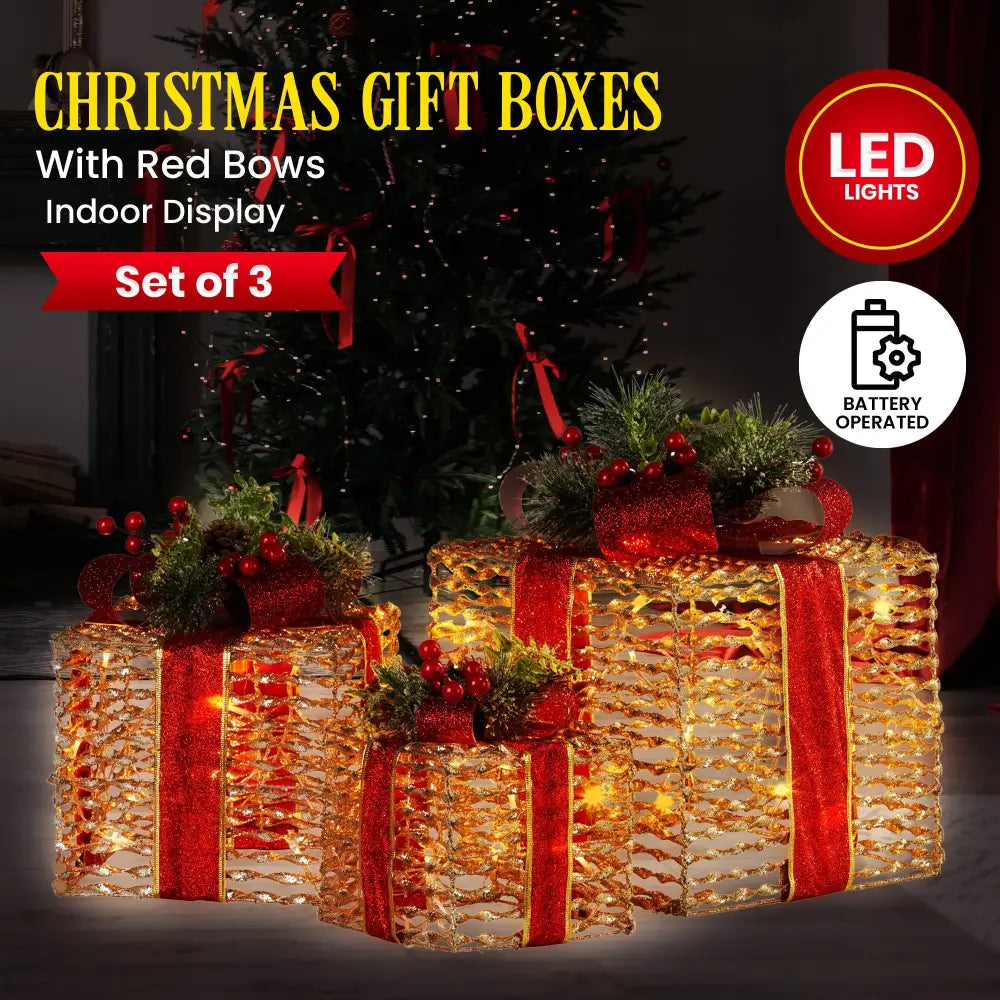 Swishmas Set Of 3 Christmas Gift Boxes With Lights - Champagne With Red Bows - Occasions > Christmas > Christmas