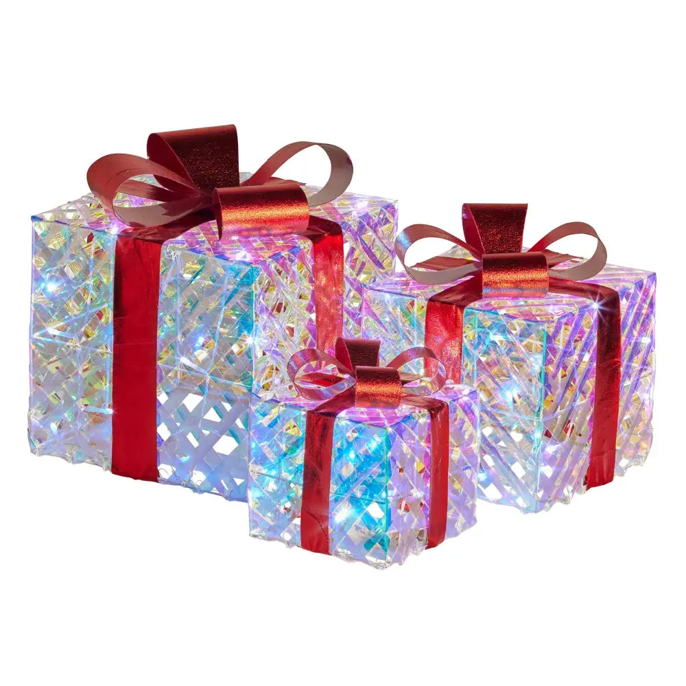 Swishmas Set of 3 Christmas Gift Boxes With Lights - Clear Shimmer With Red Bows - Occasions > Christmas > Christmas