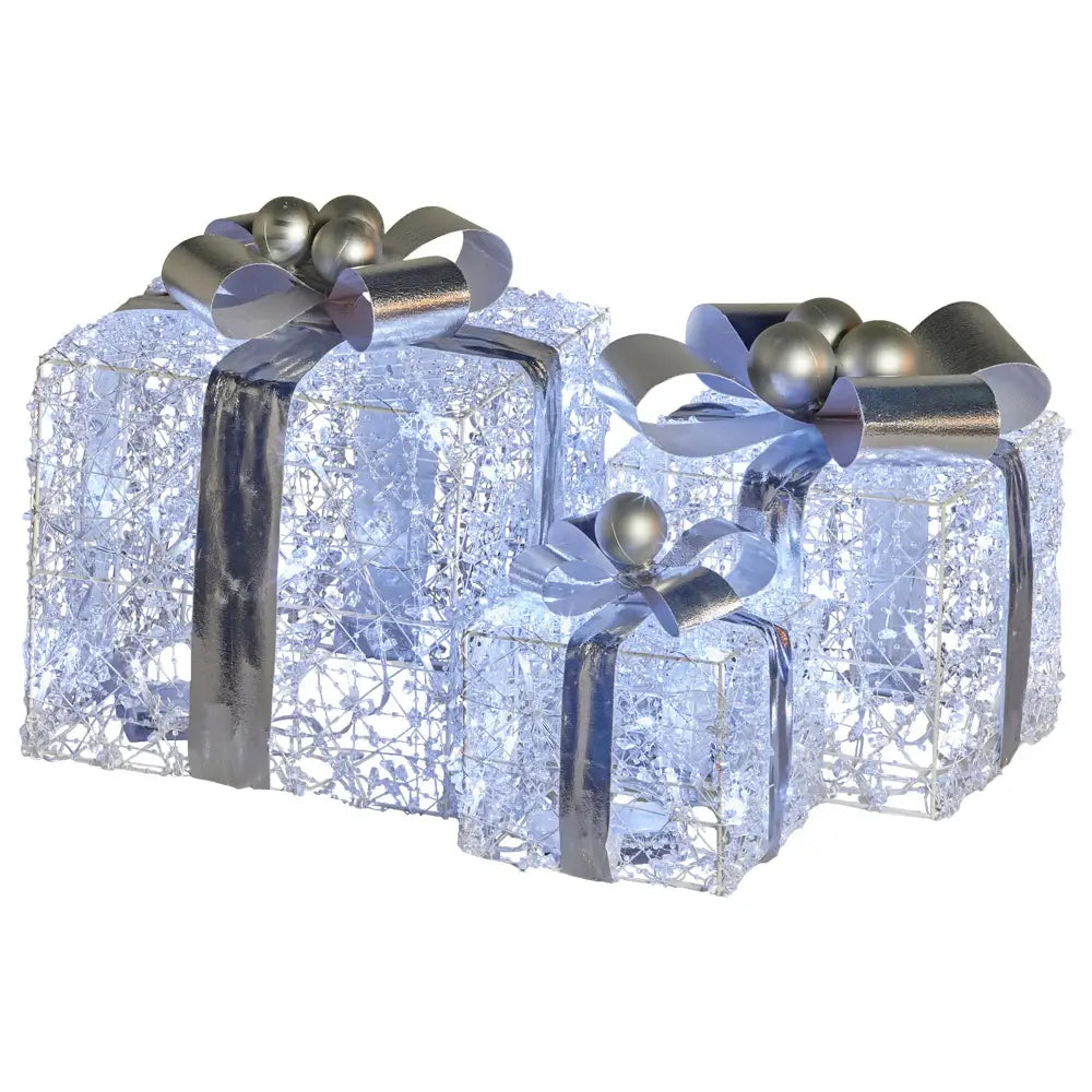 Swishmas Set Of 3 Christmas Gift Boxes With Lights With Jewelled Wire And Silver Bows - Occasions > Christmas >