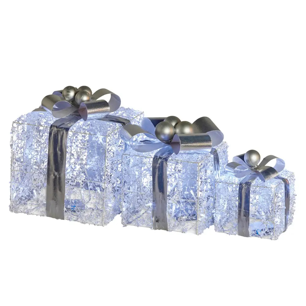 Swishmas Set Of 3 Christmas Gift Boxes With Lights With Jewelled Wire And Silver Bows - Occasions > Christmas >