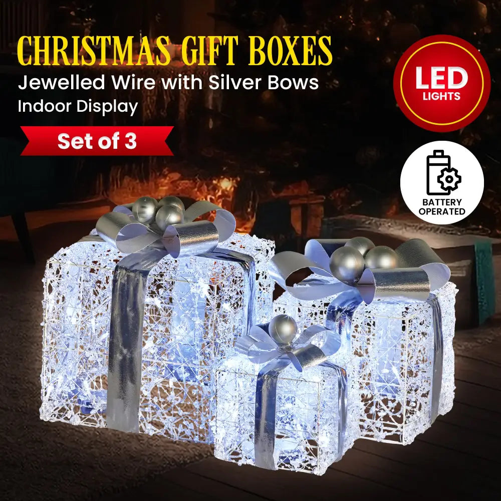 Swishmas Set Of 3 Christmas Gift Boxes With Lights With Jewelled Wire And Silver Bows - Occasions > Christmas >