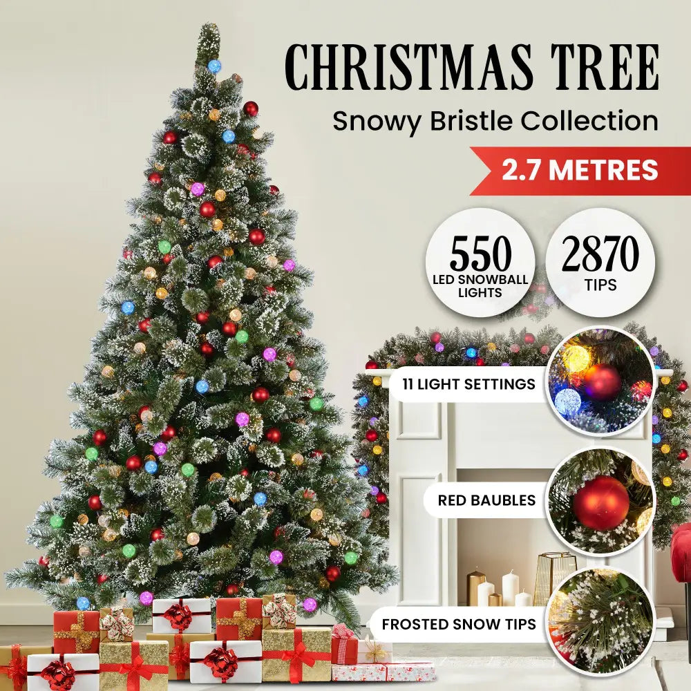 Swishmas Snowy Bristle 2.7m Multicolour Pre-Lit Christmas Tree with 2870 Tips - Occasions > Christmas > Christmas Trees
