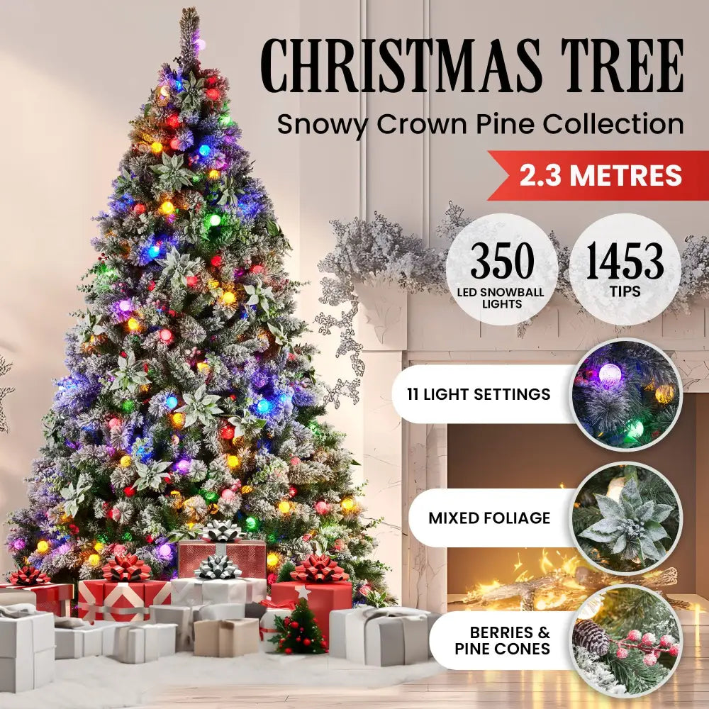 Swishmas Snowy Crown Pine 2.3m Multicolour Pre-Lit Christmas Tree with 1453 Tips - Occasions > Christmas > Christmas