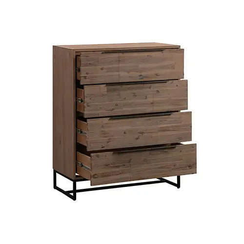 Tallboy with 4 Storage Drawers Assembled Solid Acacia Wooden Construction in Tea Colour - Furniture > Living Room