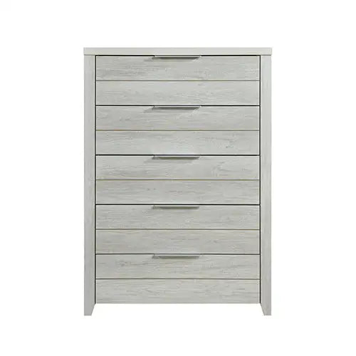 Tallboy with 5 Storage Drawers Natural Wood like MDF in White Ash Colour - Furniture > Living Room