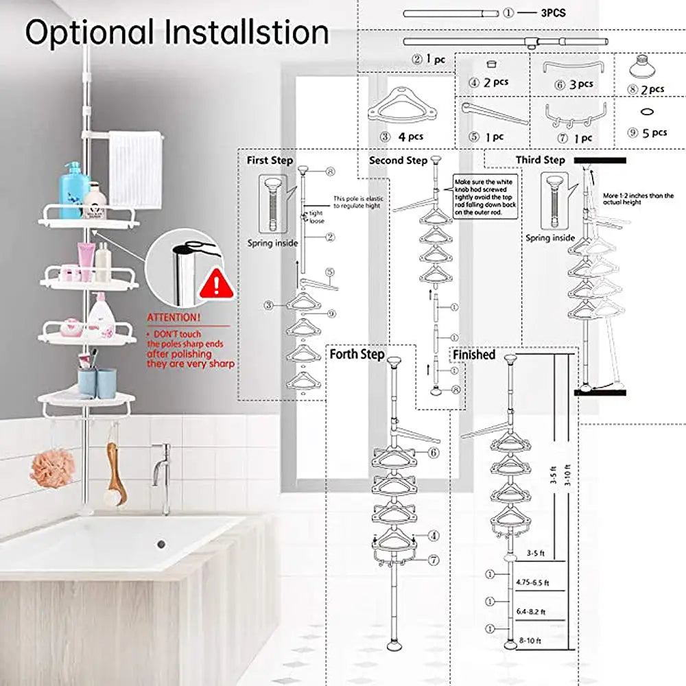 Telescopic Spring Tension Pole 4 Shelf Corner Bath Shower Rack Caddy Organiser - Home & Garden > DIY > Kitchen &