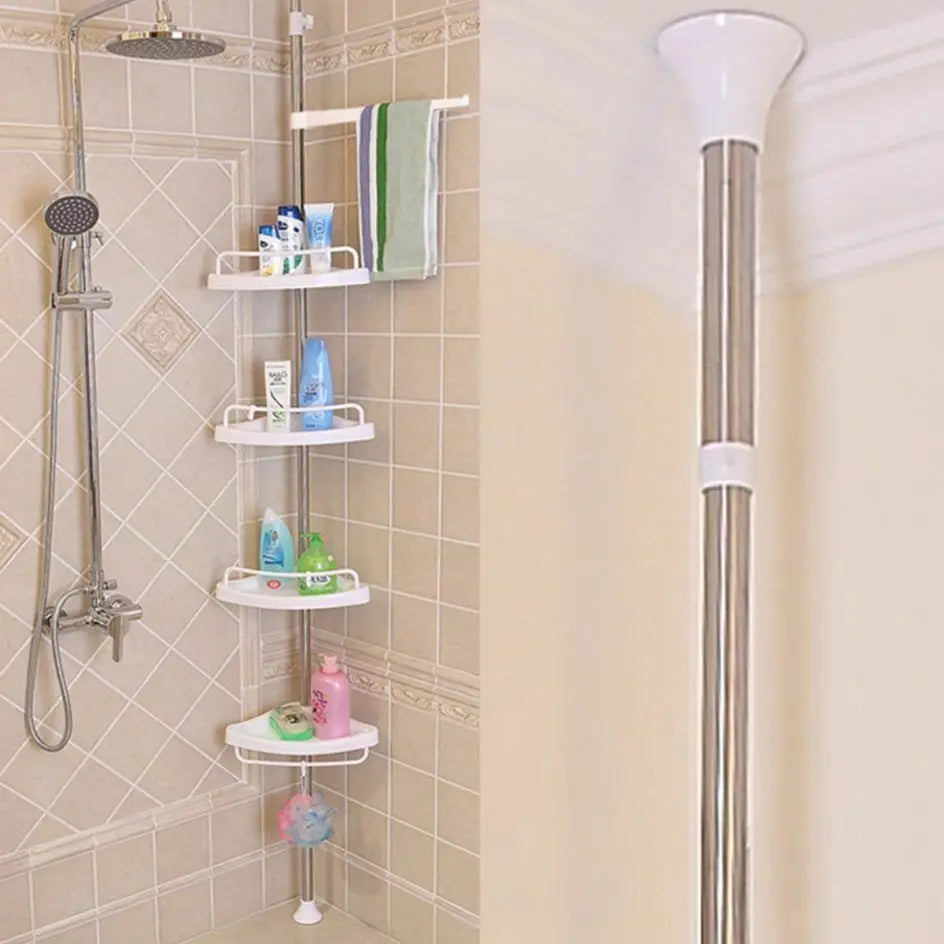 Telescopic Spring Tension Pole 4 Shelf Corner Bath Shower Rack Caddy Organiser - Home & Garden > DIY > Kitchen &