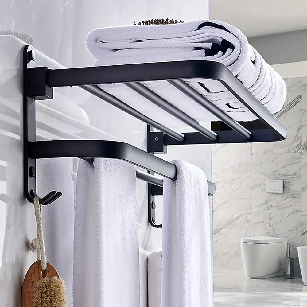 Towel Rack Folding Holder with Hook Accessories Wall Hanger Aluminium Bar Shelf - Home & Garden > DIY > Kitchen &