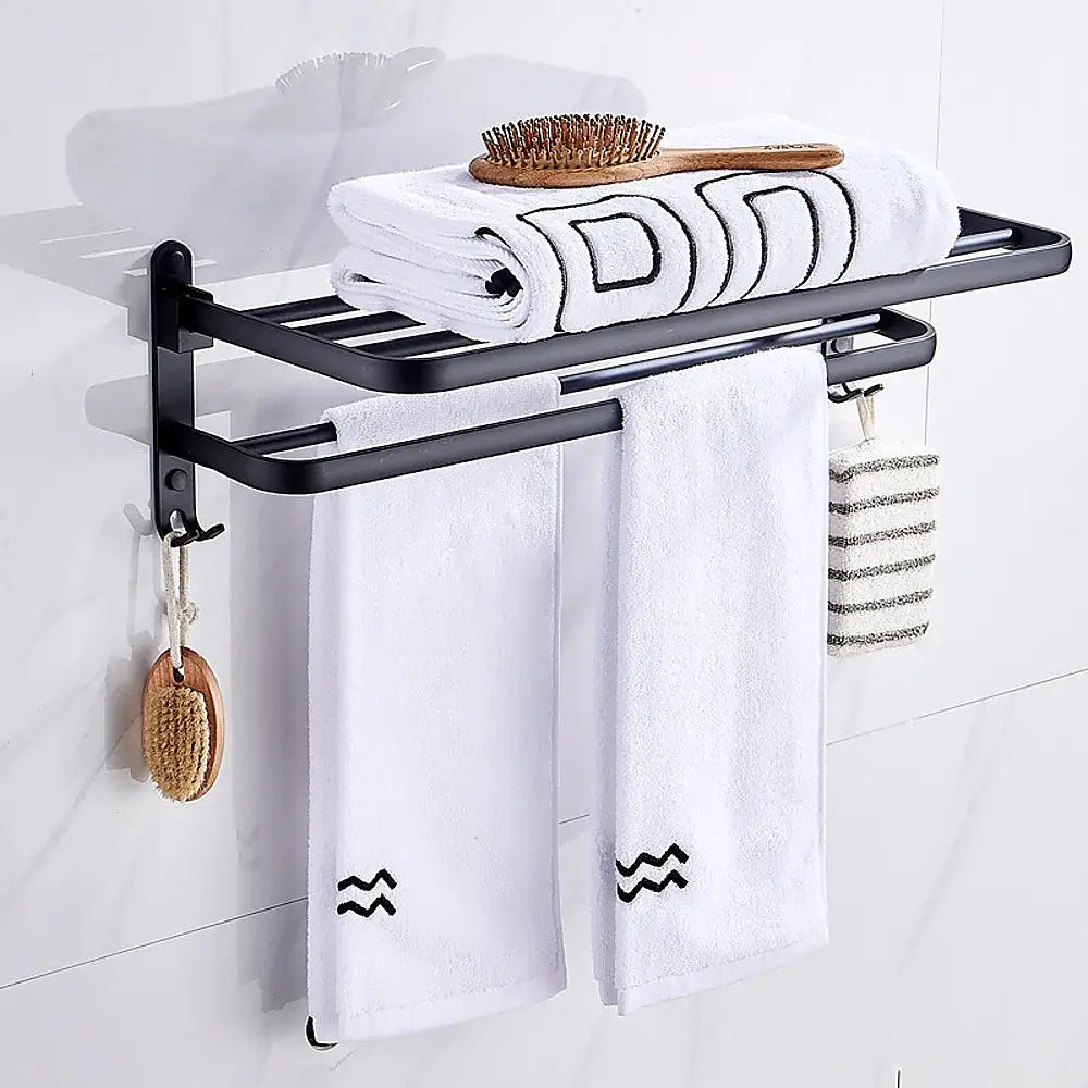 Towel Rack Folding Holder with Hook Accessories Wall Hanger Aluminium Bar Shelf - Home & Garden > DIY > Kitchen &
