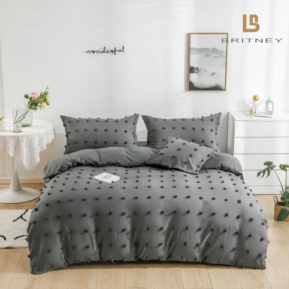 Tufted Dot Jacquard Queen Size Grey Duvet Quilt Cover Set - Home & Garden > Bedding