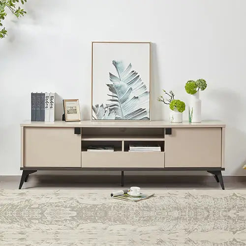 TV Cabinet with Storage Drawer Open Shelve Cabinet MDF in Champagne Colour - Furniture > Living Room > TV Units