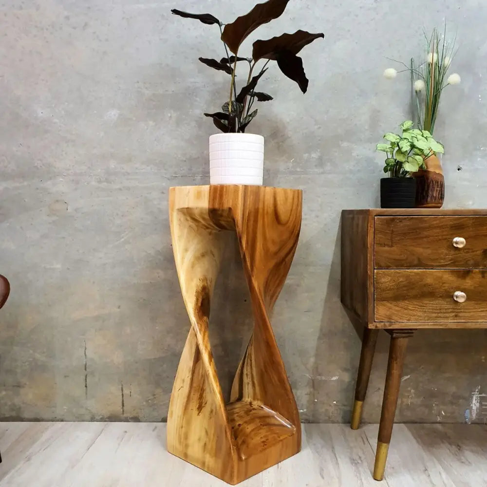 Twisted Stool 76cm Raintree Wood Side Table/Corner Table Clear Finish - Home & Garden > Decor
