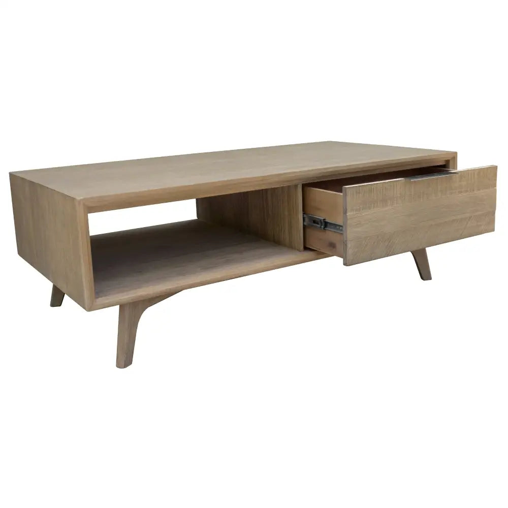 Tyler 130cm Coffee Table 2 Drawer Solid Acacia Timber Brushed Smoke - Furniture > Living Room