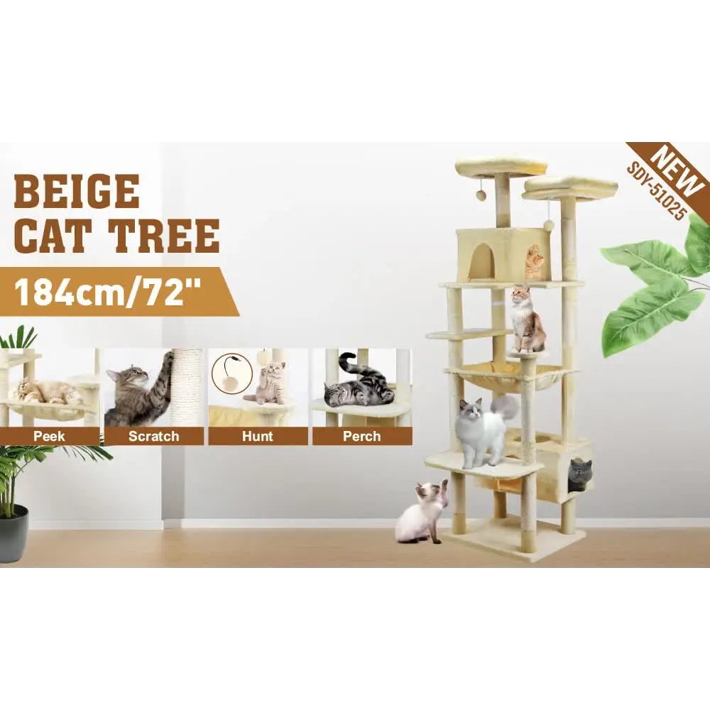 VaKa 184cm Road Cat Tree Tower Scratching Post Scratcher Condo with Big Hammock - Pet Care > Cat Supplies > Cat
