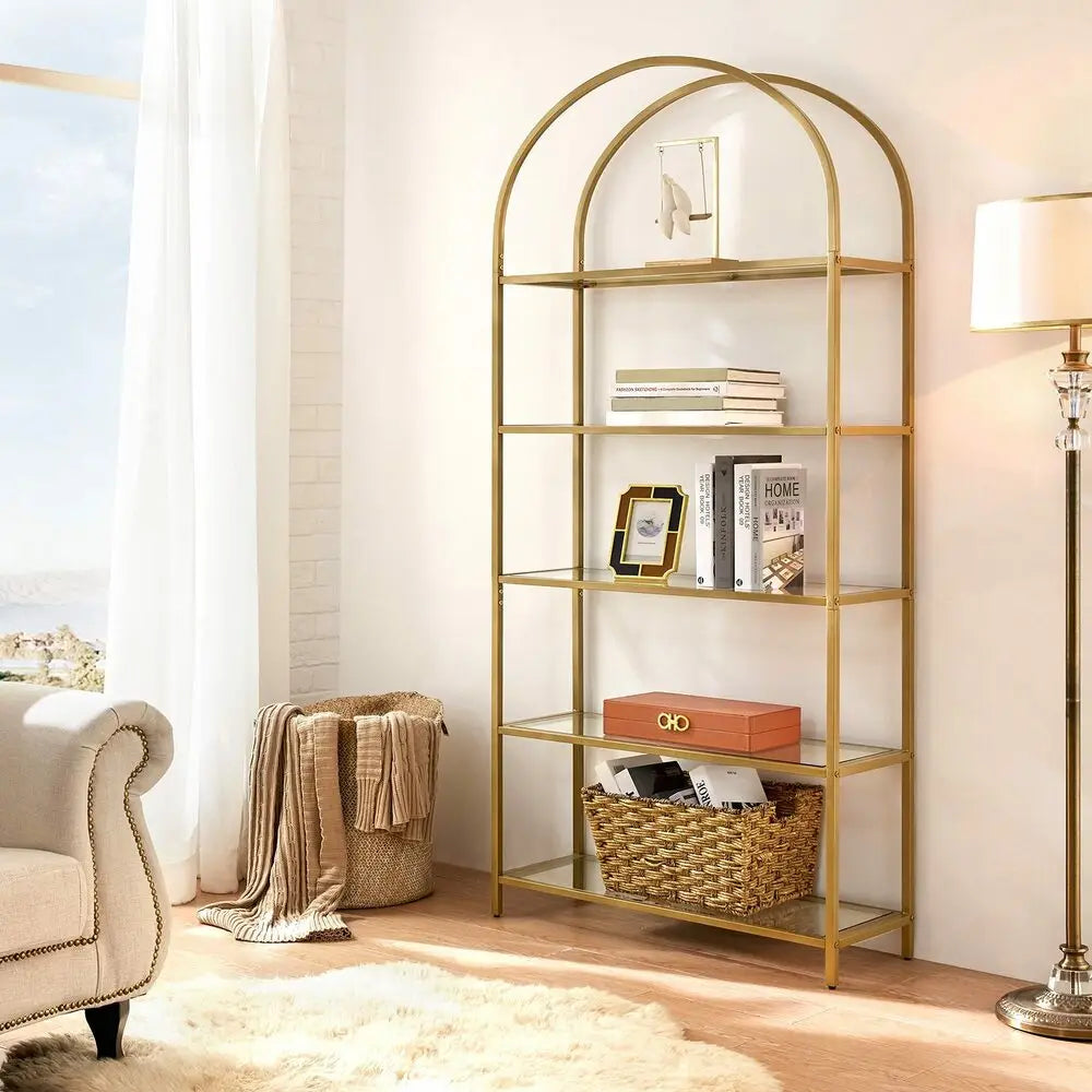 VASAGLE Bookshelf 5 Tier Tempered Glass with Gold Metal Frame LGT050A01 - Furniture > Living Room