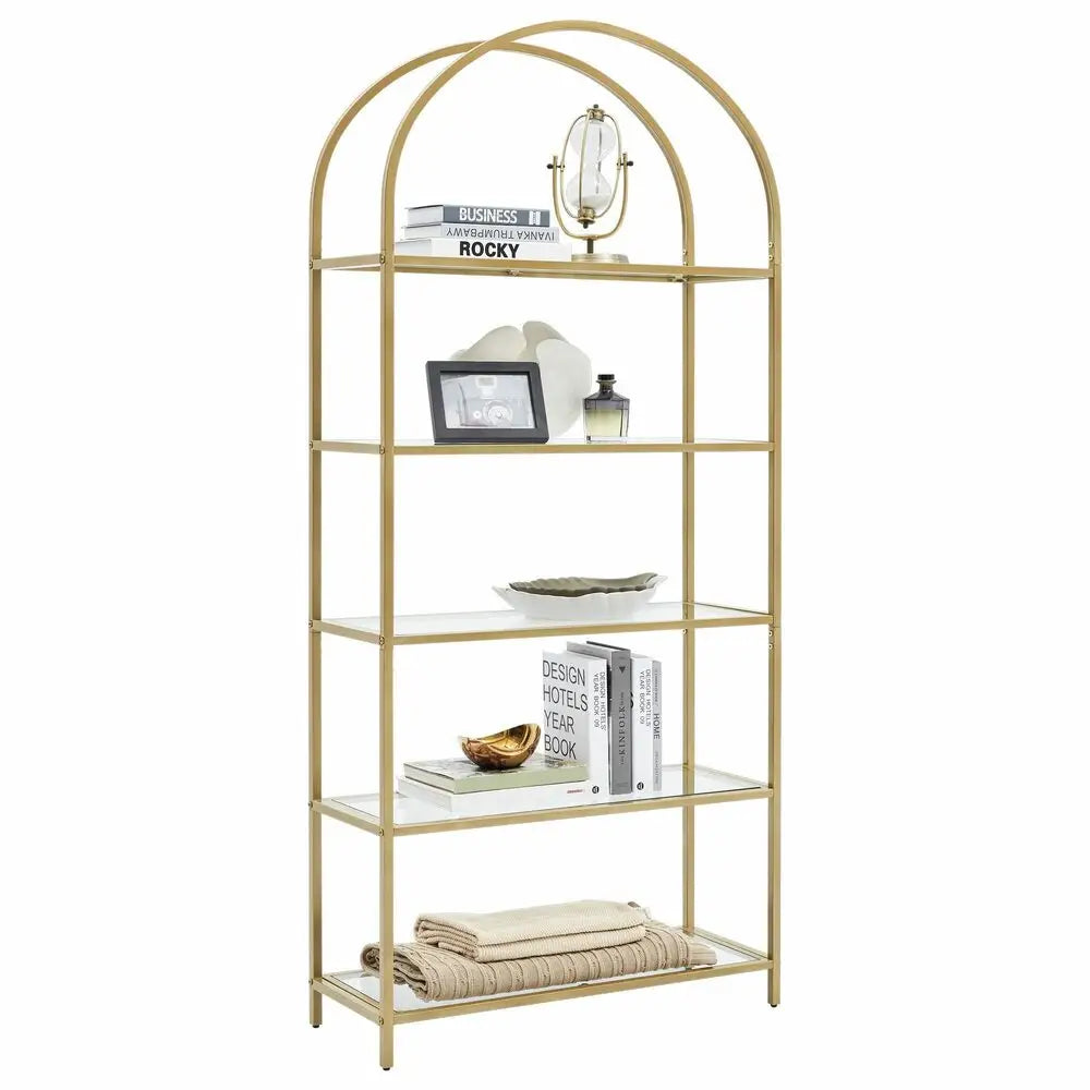 VASAGLE Bookshelf 5 Tier Tempered Glass with Gold Metal Frame LGT050A01 - Furniture > Living Room