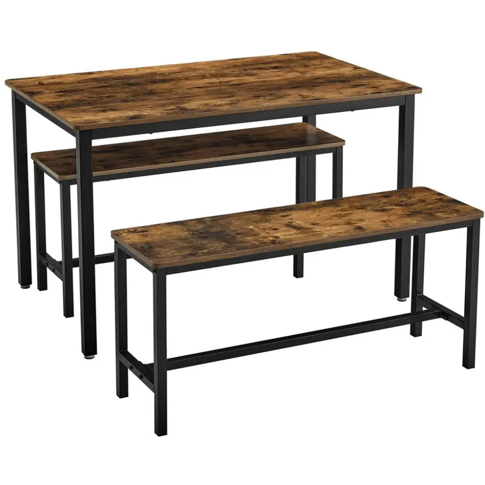 VASAGLE Dining Table Set with 2 Benches Rustic Brown and Black KDT070B01 - Furniture > Dining