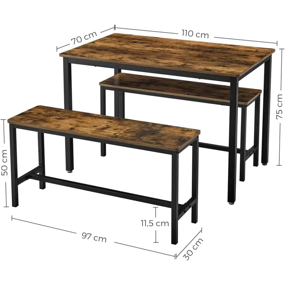 VASAGLE Dining Table Set with 2 Benches Rustic Brown and Black KDT070B01 - Furniture > Dining