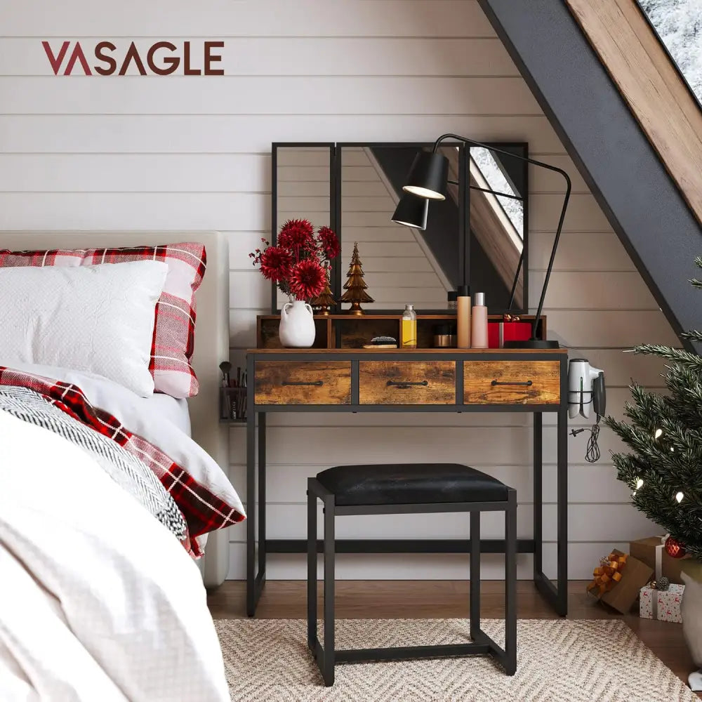 VASAGLE Dresser Table with Trifold Mirror Rustic Brown and Black - Baby & Kids > Kid’s Furniture > Kid’s Dressers