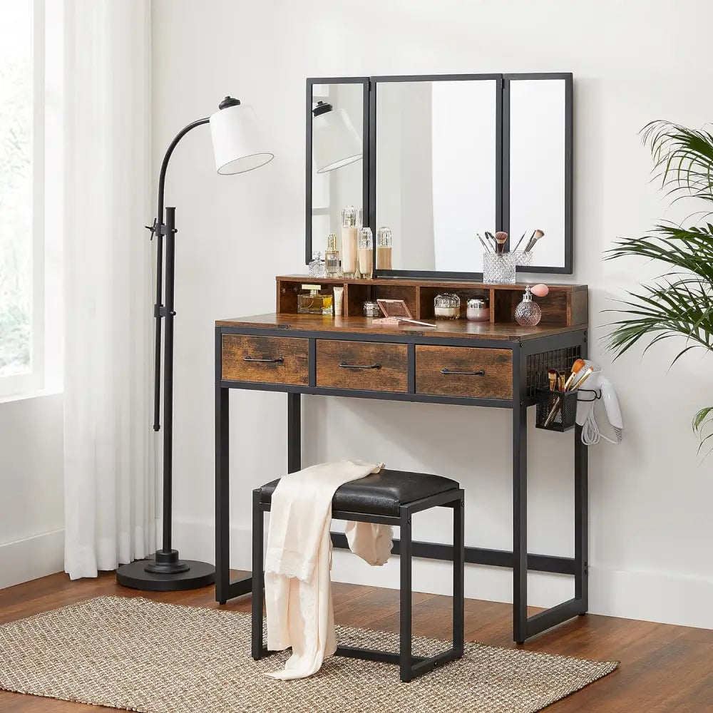 VASAGLE Dresser Table with Trifold Mirror Rustic Brown and Black - Baby & Kids > Kid’s Furniture > Kid’s Dressers