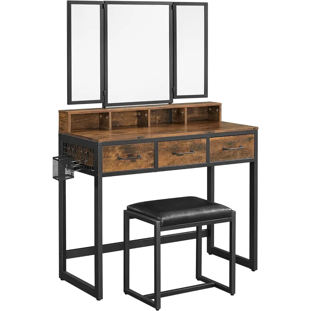 VASAGLE Dresser Table with Trifold Mirror Rustic Brown and Black - Baby & Kids > Kid’s Furniture > Kid’s Dressers