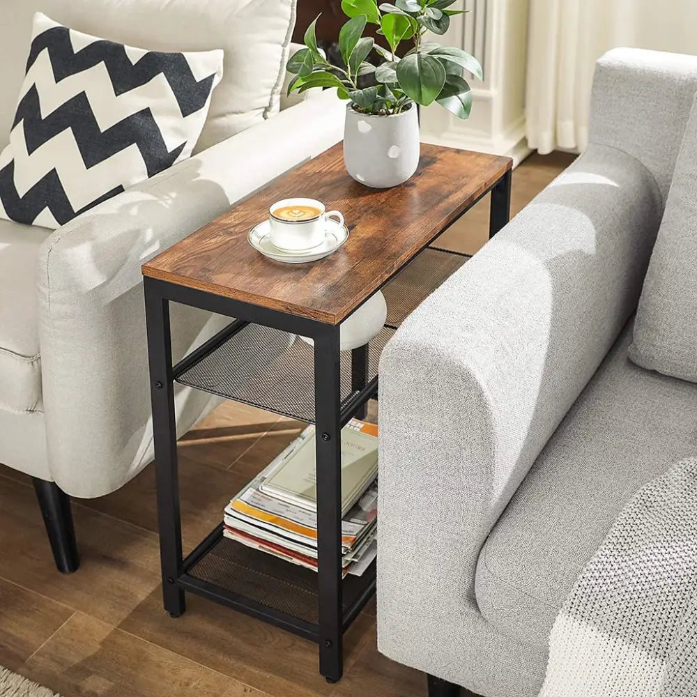 VASAGLE INDESTIC Side Table 3-Tier End Table with Mesh Shelves Industrial Design Rustic Brown - Furniture > Living Room