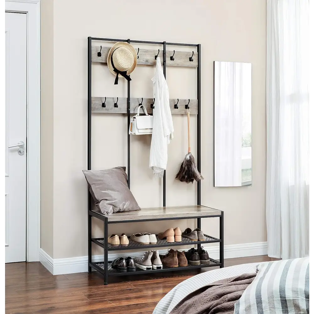 VASAGLE Large Coat Rack Stand with 12 Hooks and Shoe Bench Greige and Black HSR086B02V1 - Furniture > Living Room