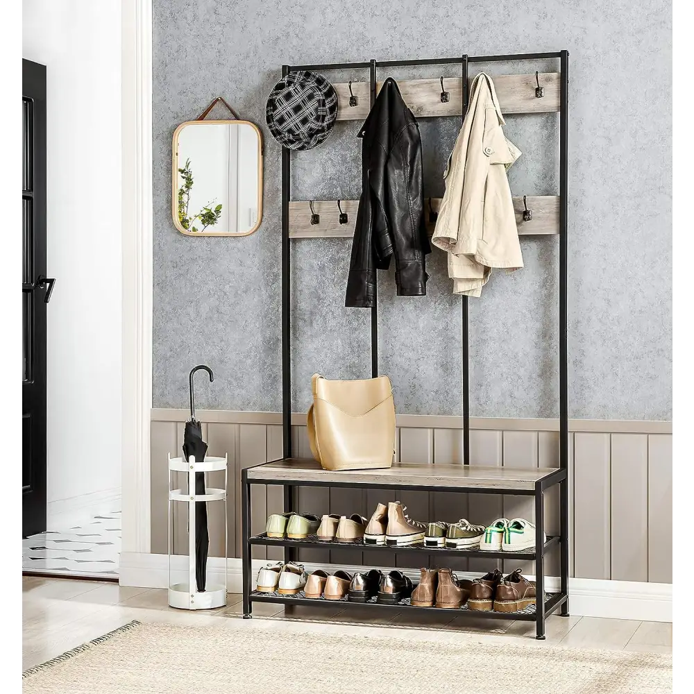 VASAGLE Large Coat Rack Stand with 12 Hooks and Shoe Bench Greige and Black HSR086B02V1 - Furniture > Living Room