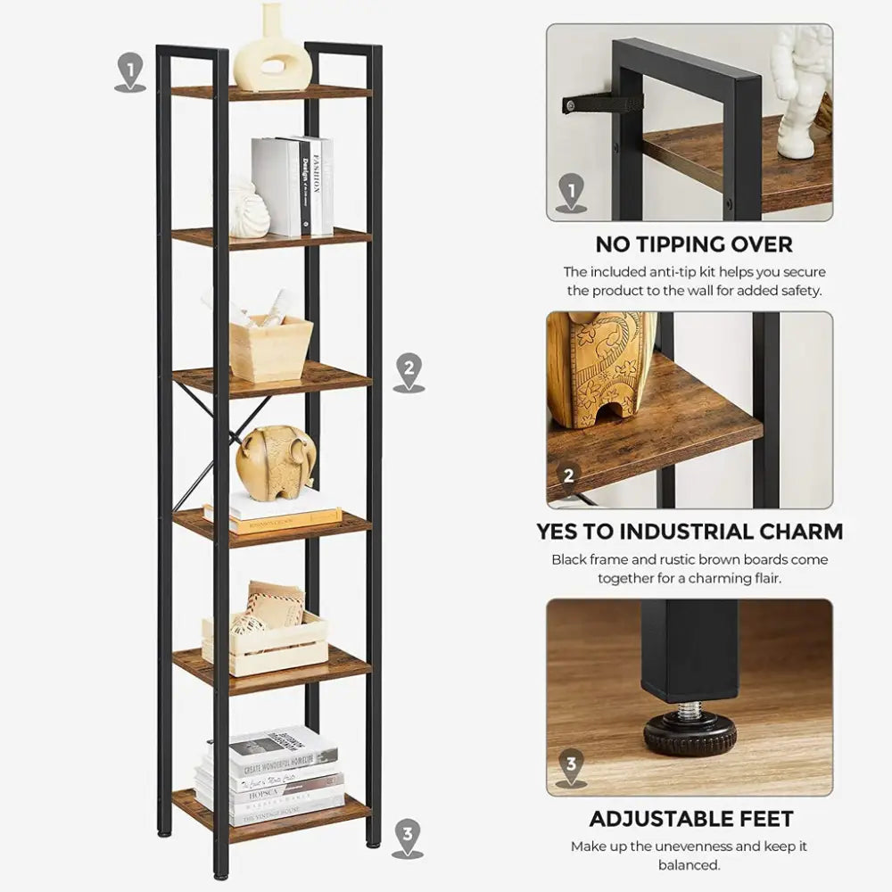 VASAGLE Narrow Bookcase Small 6-Tiers Bookshelf Industrial Rustic Brown and Black - Furniture > Living Room