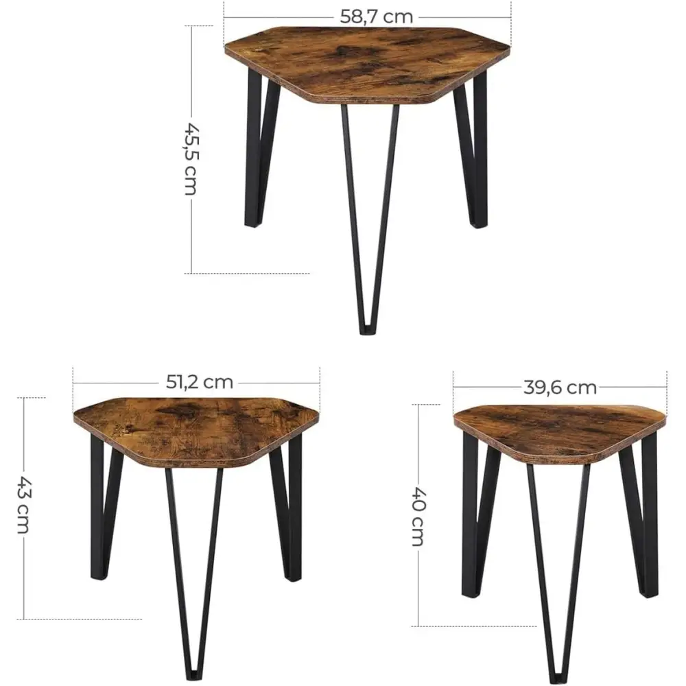 VASAGLE Nesting Coffee Table Set of 3 Rustic Brown and Black LNT14BXV1 - Furniture > Living Room
