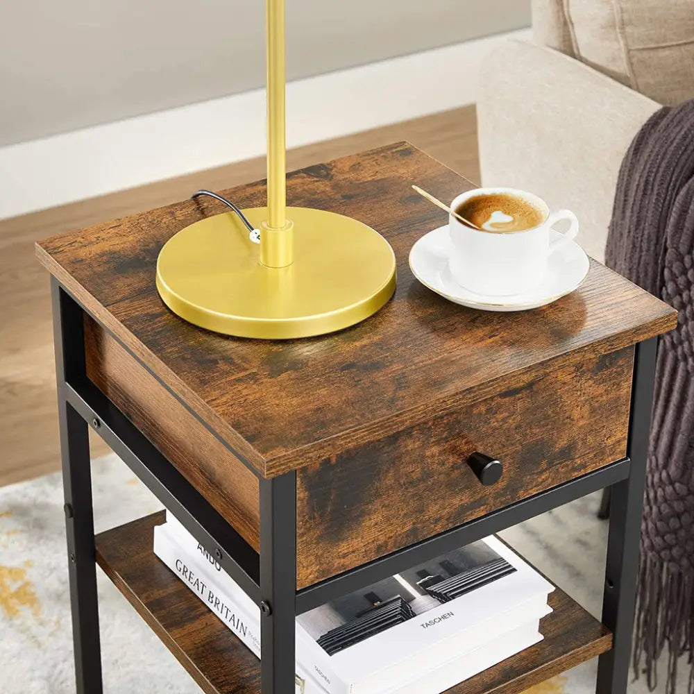 VASAGLE Nightstand End Table with a Drawer and 2 Storage Shelves Industrial Rustic Brown and Black - Furniture > Living