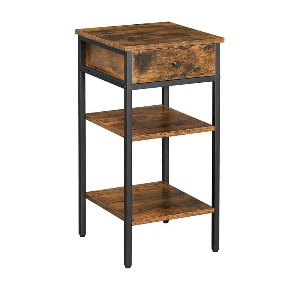 VASAGLE Nightstand End Table with a Drawer and 2 Storage Shelves Industrial Rustic Brown and Black - Furniture > Living